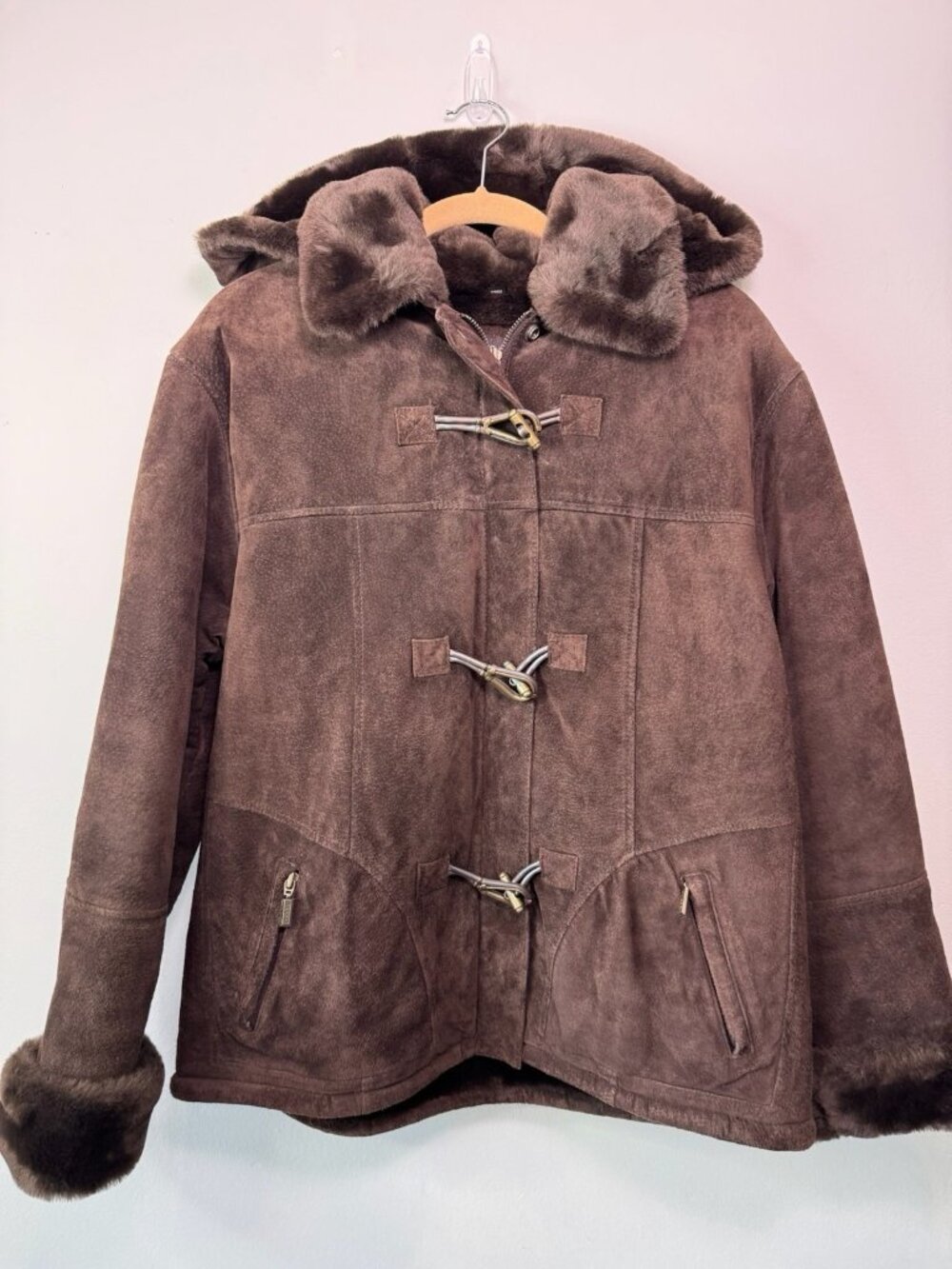 VTG Guess Women Brown Suede Leather Jacket Toggle Faux Fur Collar Hood M